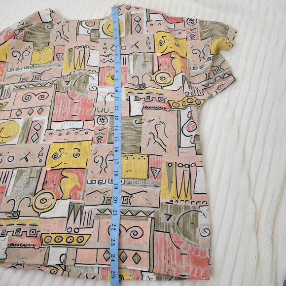 Vintage Renaissance Sportswear Abstract Print Blouse Retro Short Sleeve Top L/XL - Picture 8 of 10
